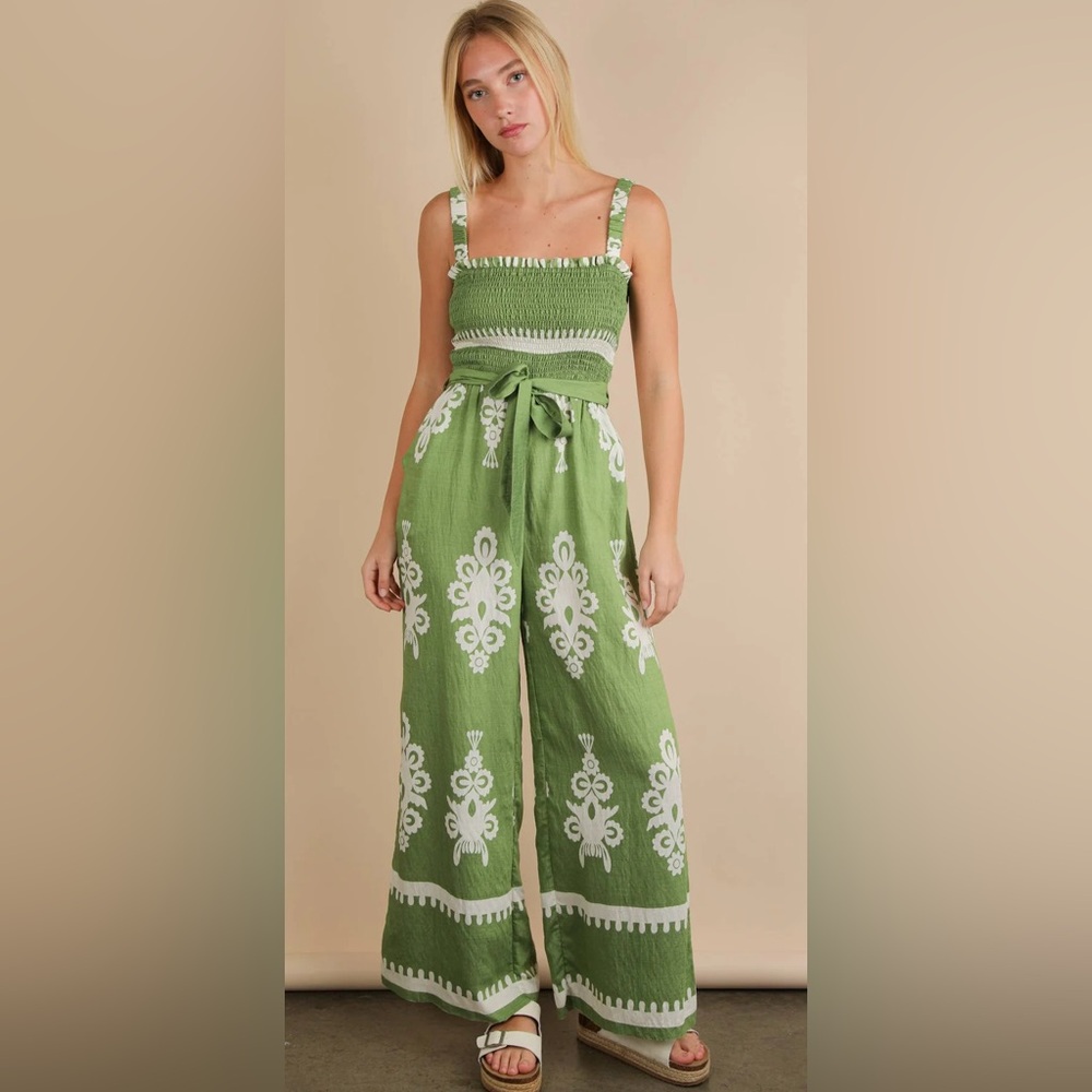 Boho Print Smocked Wide-Leg Jumpsuit